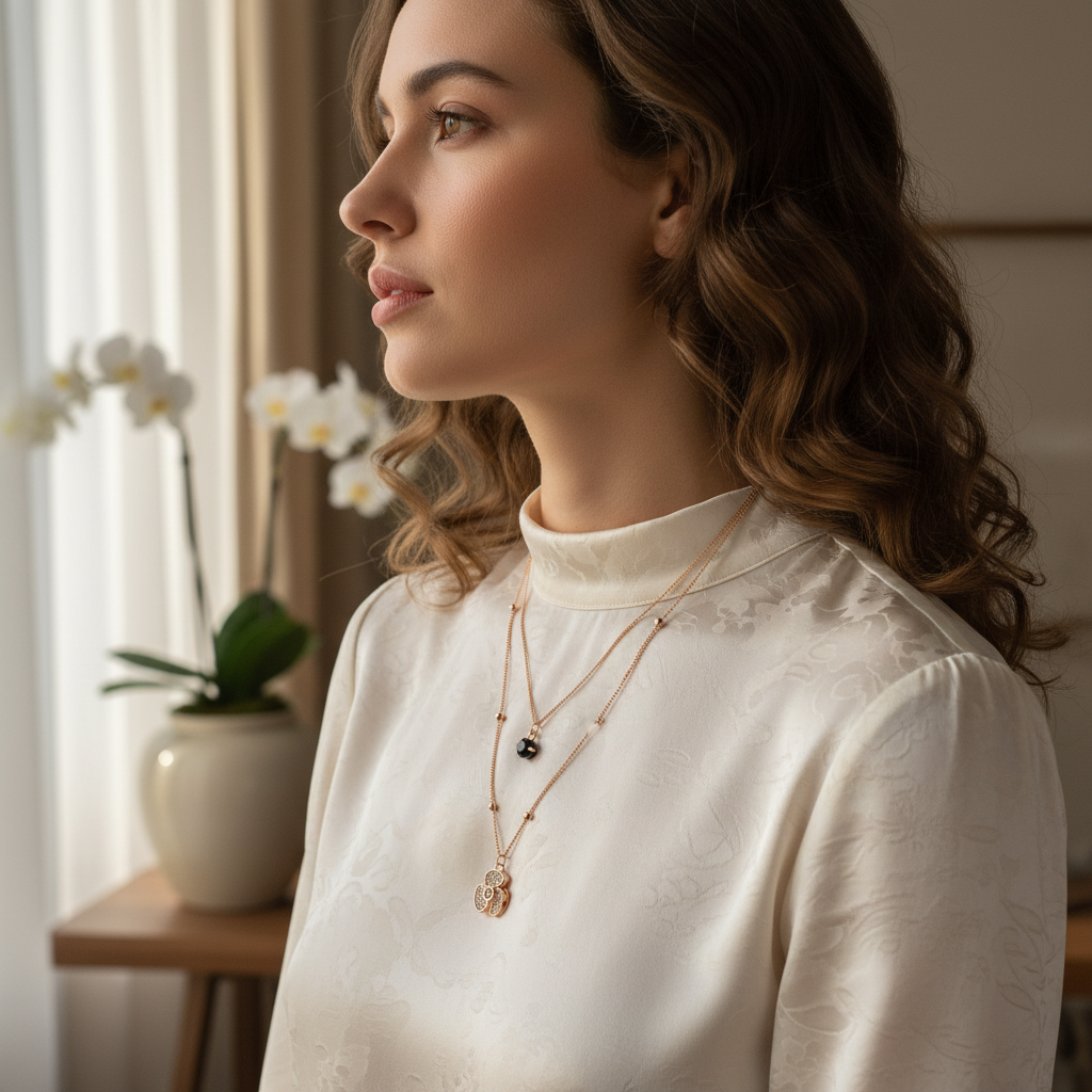 Rose Gold Layered Necklace with Clover Charm & Black Crystal Pendant