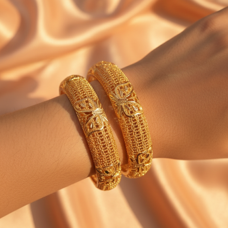 Textured Gold Mesh Bangles Pair with Floral Accents - Bridal Jewelry