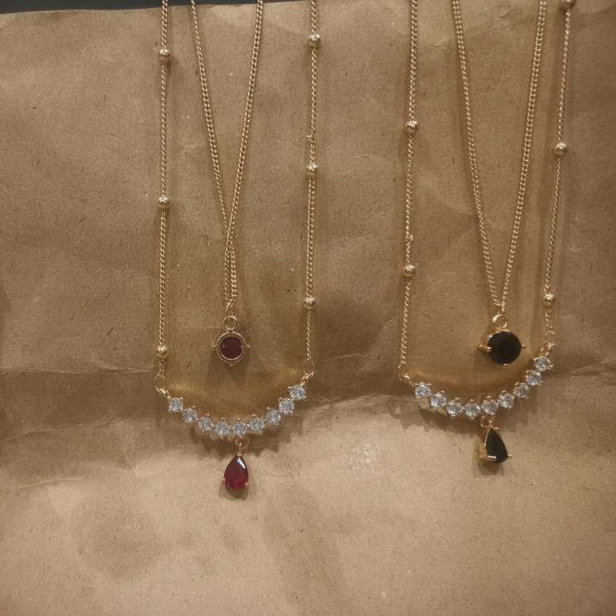 Double-Layer Crystal Crescent Necklace with Teardrop Pendant