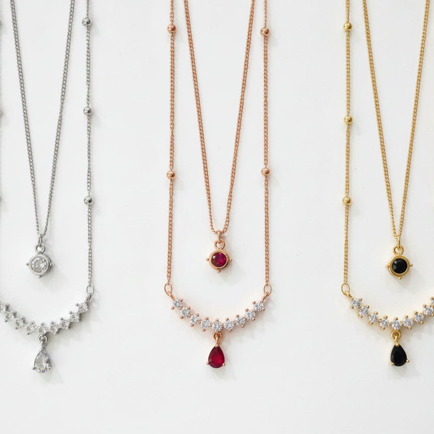 Double-Layer Crystal Crescent Necklace with Teardrop Pendant