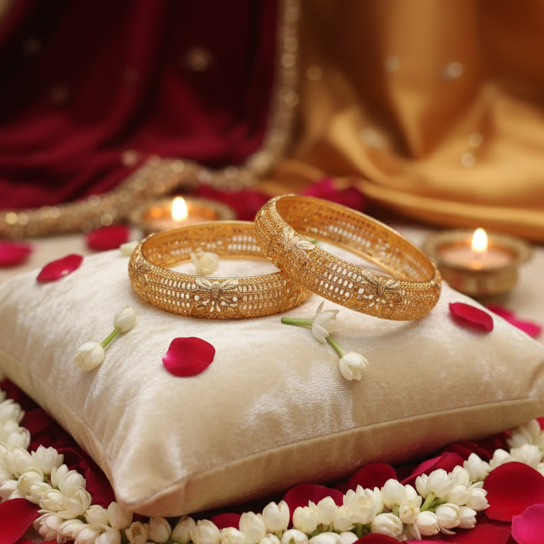 Textured Gold Mesh Bangles Pair with Floral Accents - Bridal Jewelry