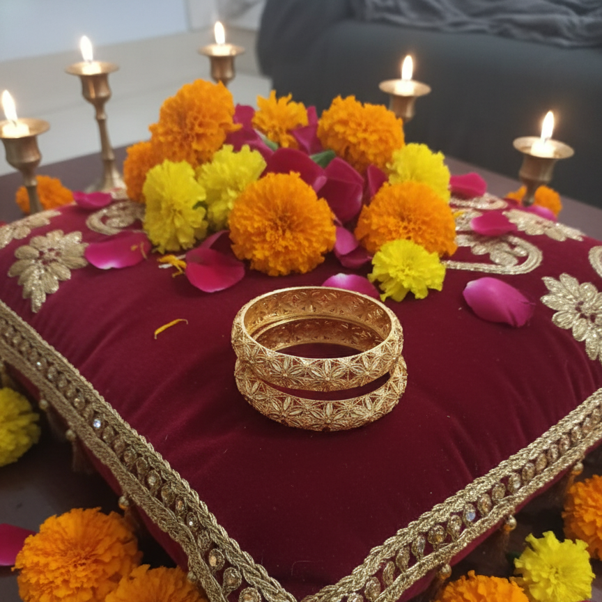 Ornate Gold Floral Carved Bangles Pair
