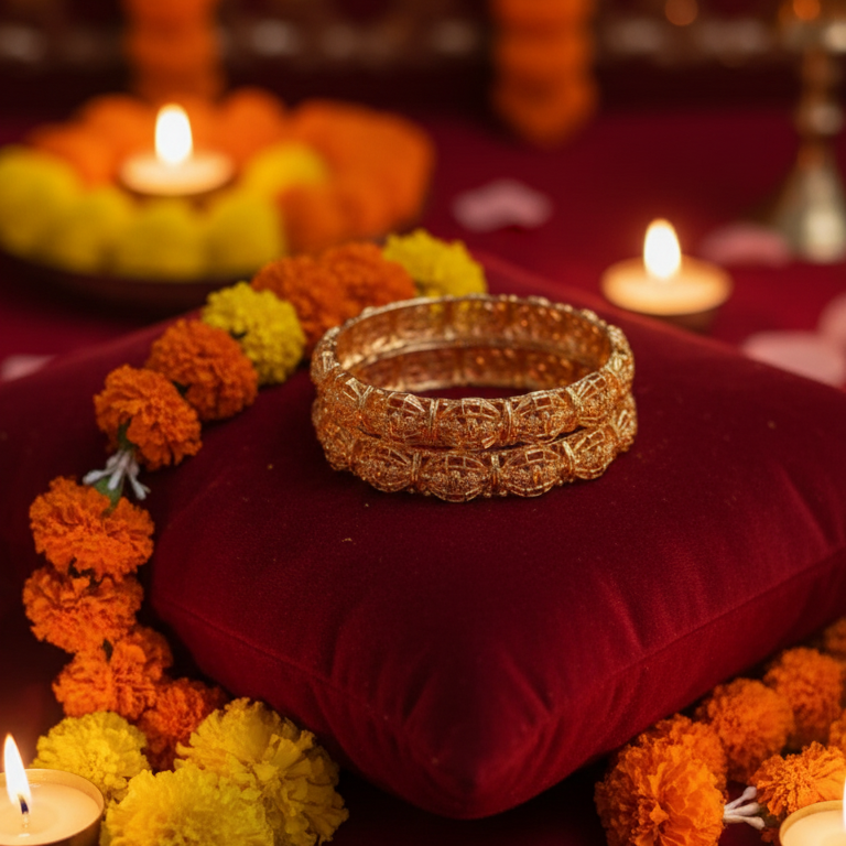 Ornate Carved Gold Bangles Pair - Intricate Geometric Bridal Jewelry