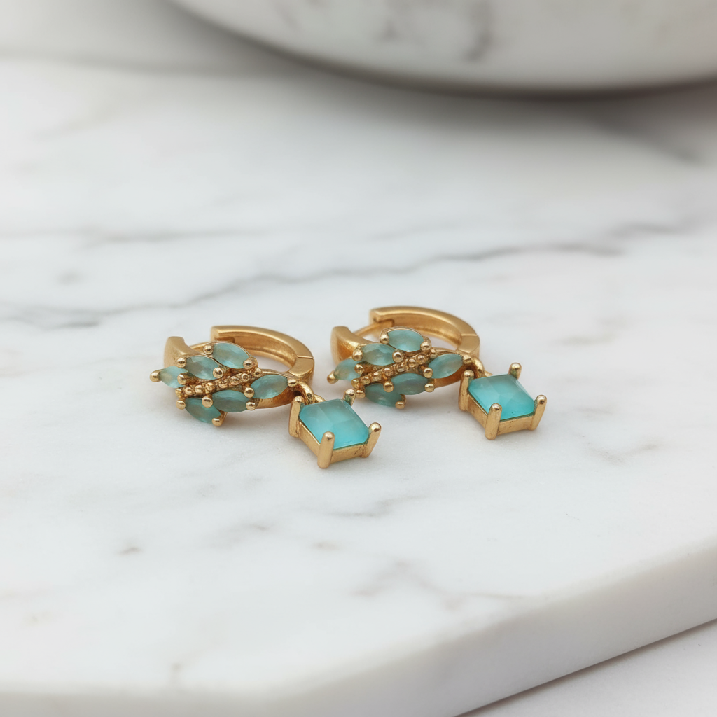 Gold Plated Turquoise Hoop Earrings - Elegant Gemstone Drop Earrings