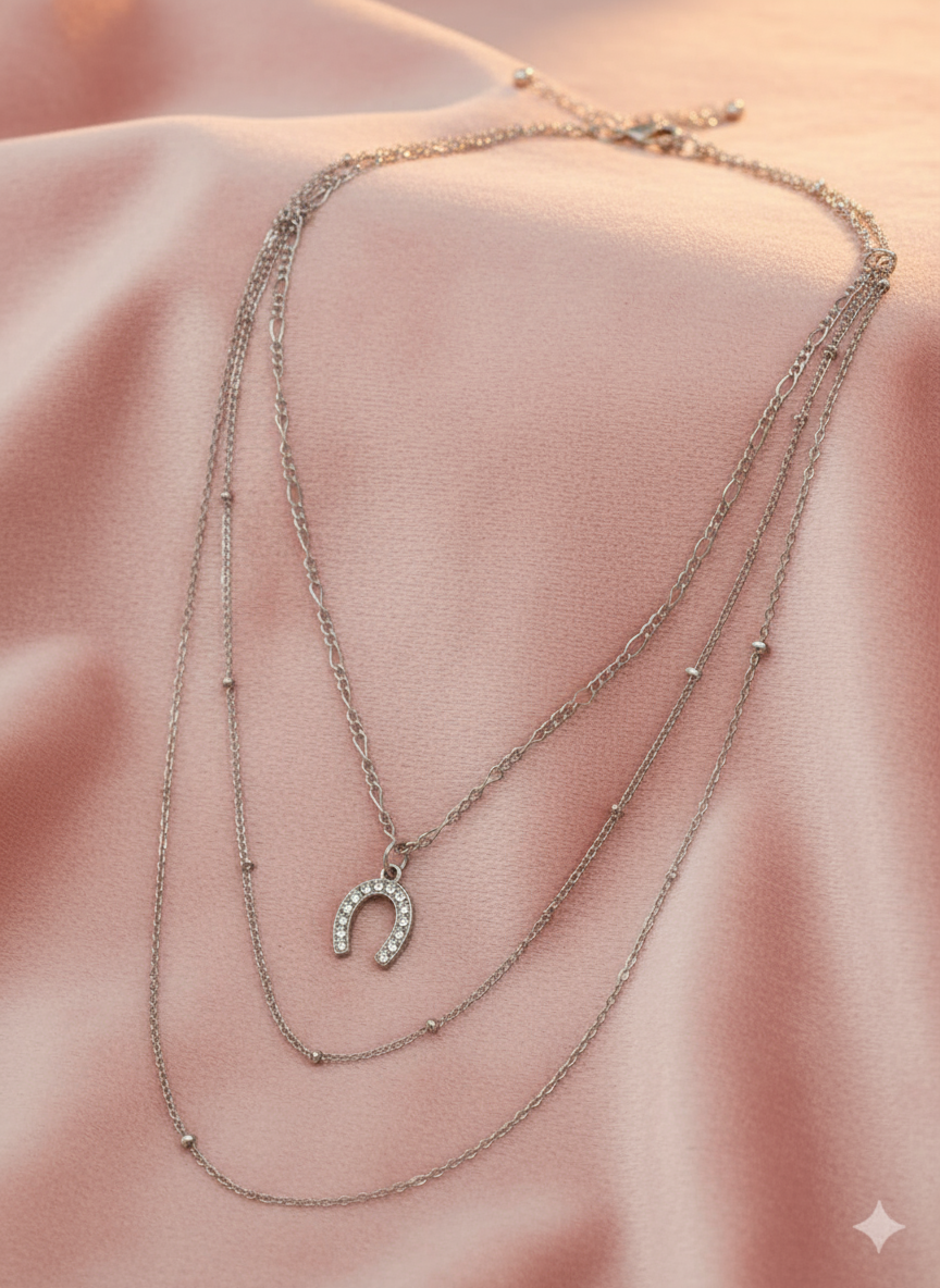 Layered Silver Necklace with Horseshoe Charm - 3 Layer Chain Necklace for Women
