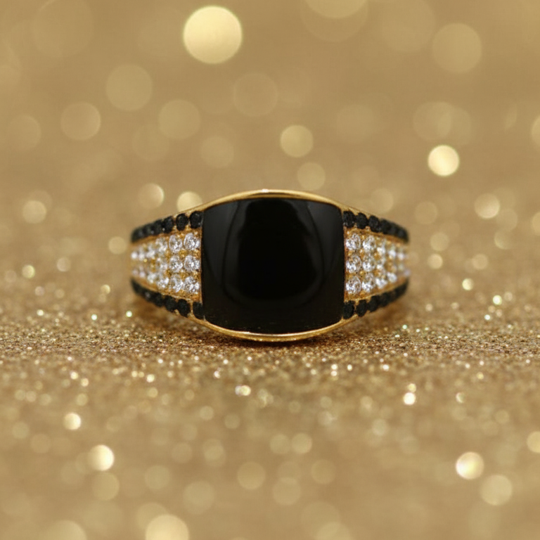 Opulent Black Ring - Gold-Plated with Crystal & Pearl Accents