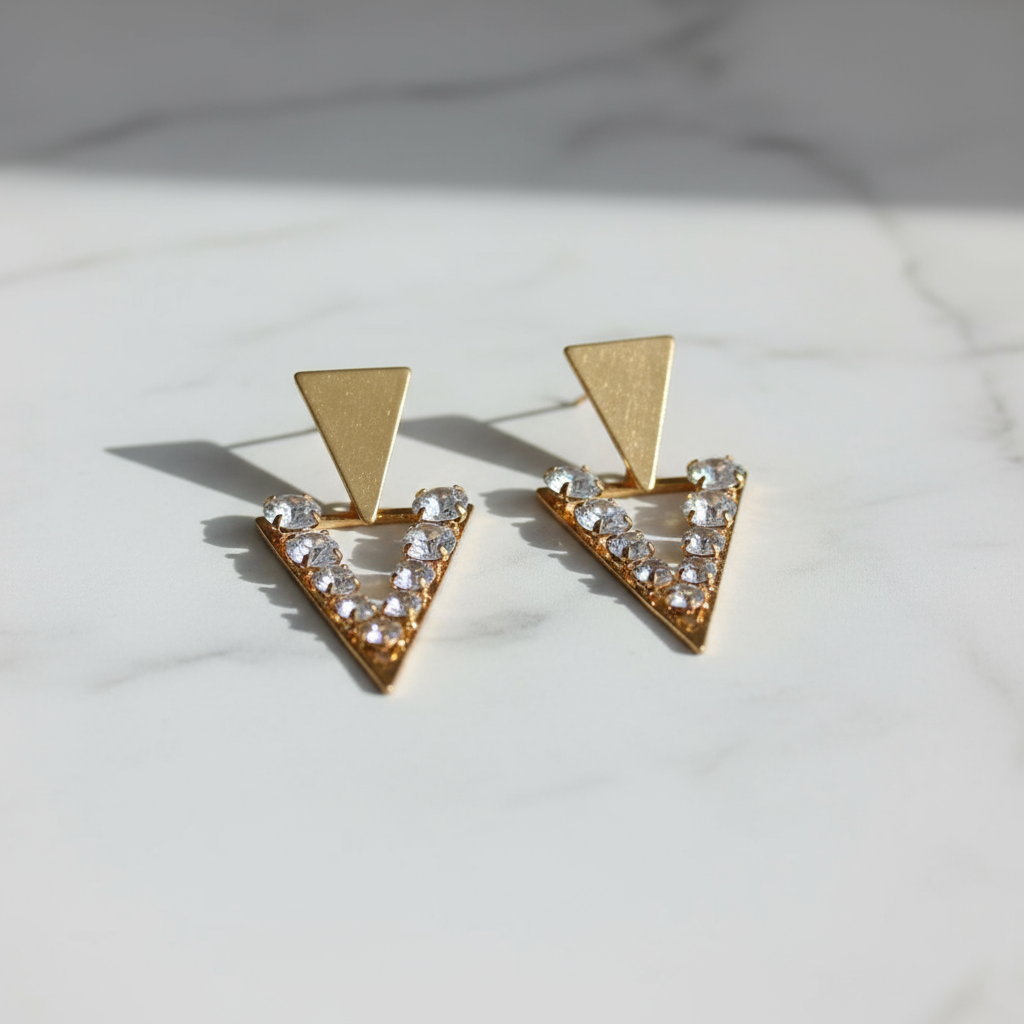 Gold Triangle Earrings with Crystal Rhinestones - Statement Drop Earrings for Women