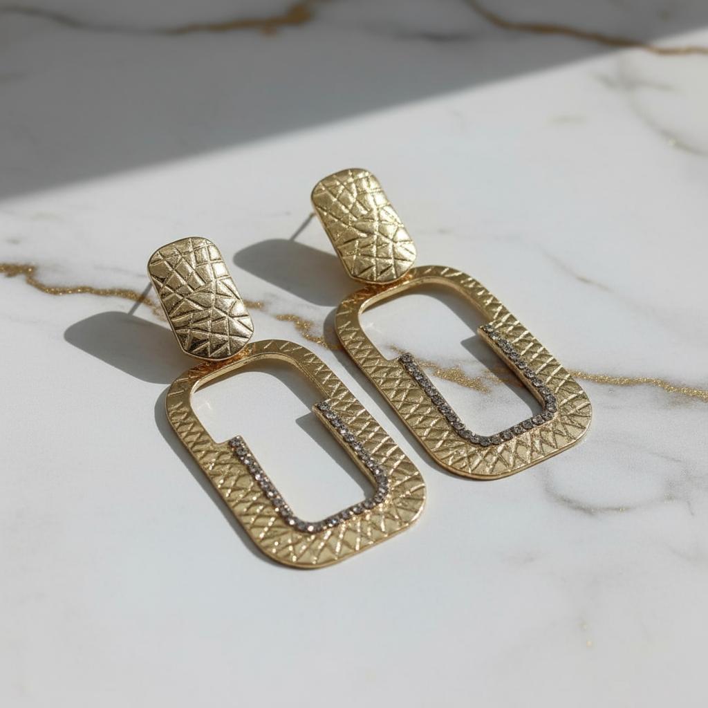 Gold Rectangle Drop Earrings with Crystals - Statement Hoop Earrings for Women