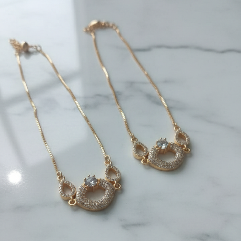 Delicate Gold Crystal Anklets - Teardrop & Circle Design
