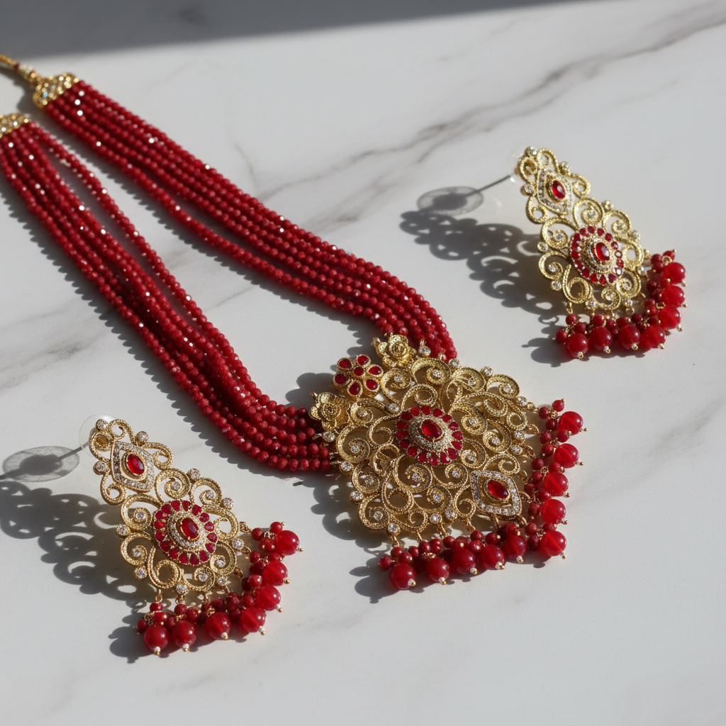 Red Bridal Jewelry Set with Matha Patti - Gold Filigree & Ruby Accents