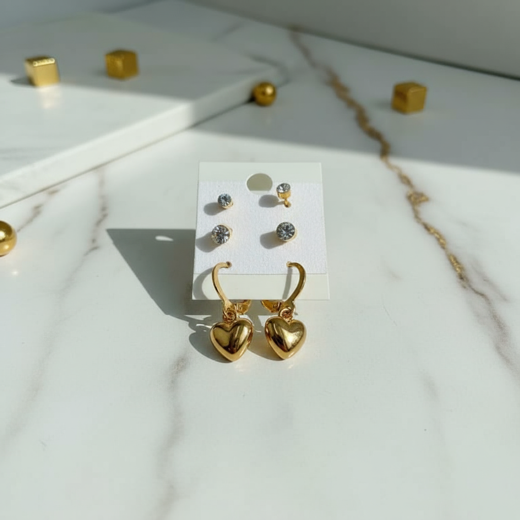 Gold Heart Hoop Earrings Set with Crystal Studs - 3 Pairs