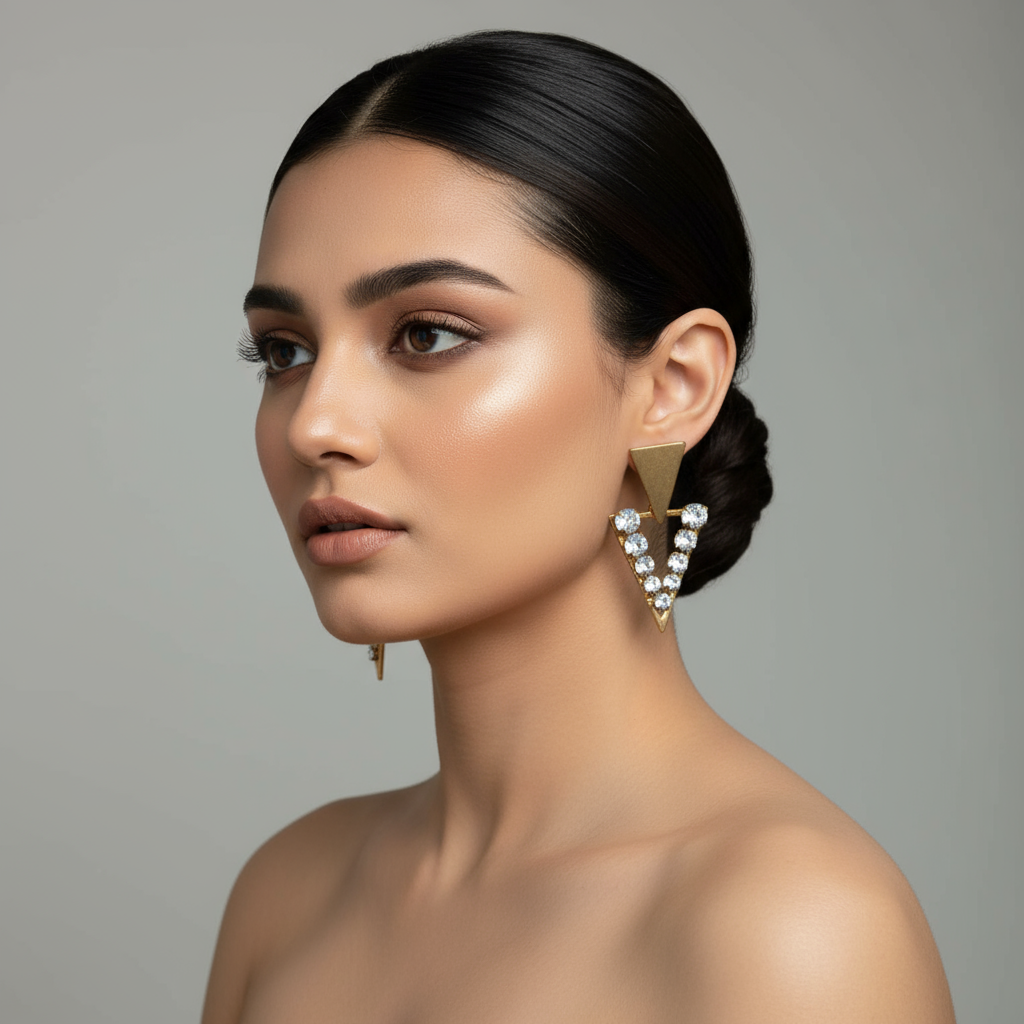 Gold Triangle Earrings with Crystal Rhinestones - Statement Drop Earrings for Women