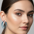 Woman wearing blue hoop earrings